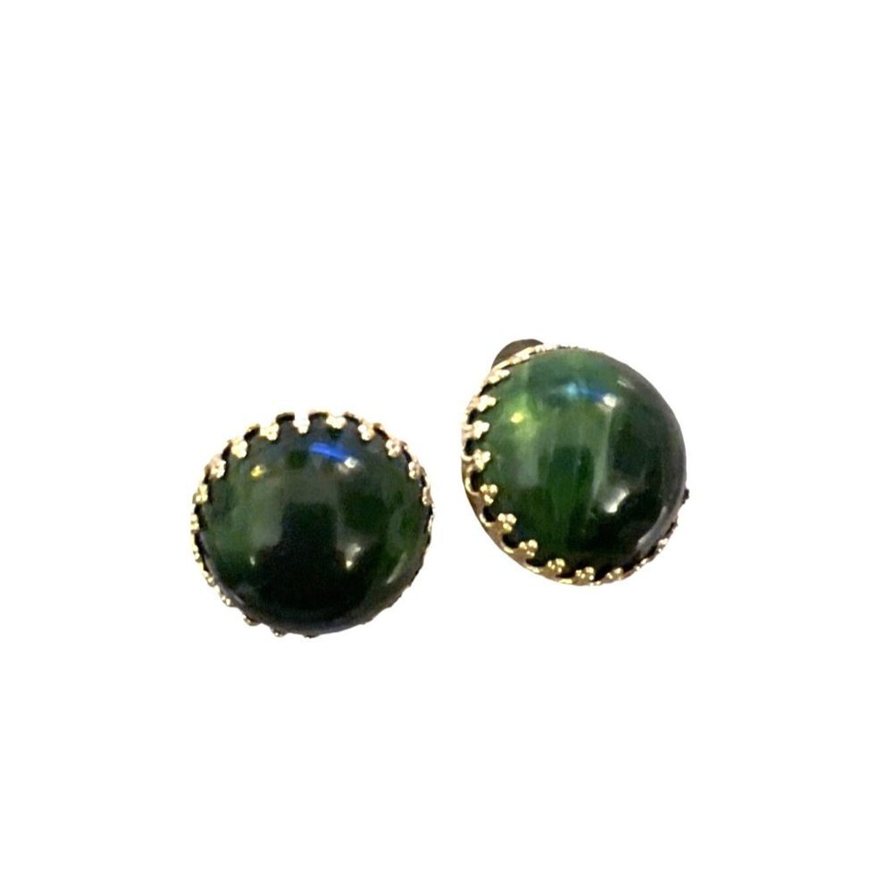 Vintage Forest Green Goldtone Clip-on Button Earrings Unique St Patrick’s Day